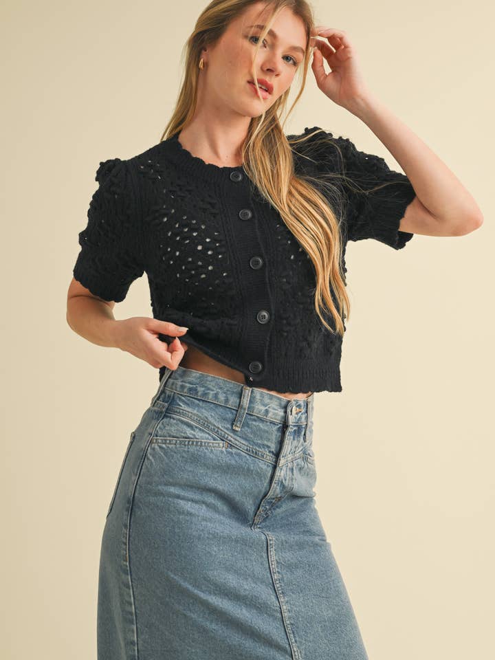 &MERCI - Wholesale Cardigan - Women's - CROPPED POINTELLE BUTTON DOWN SWEATER CARDIGAN MSW1085743