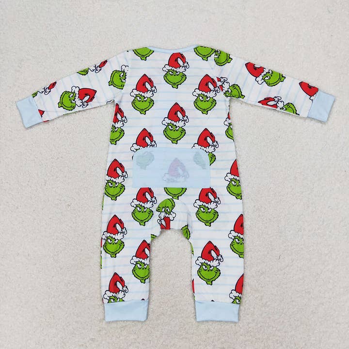 Aier Wholesale - Vente Barboteuse – bébé - Barboteuse zippée à manches longues en bambou Green Face pour bébés et garçons2