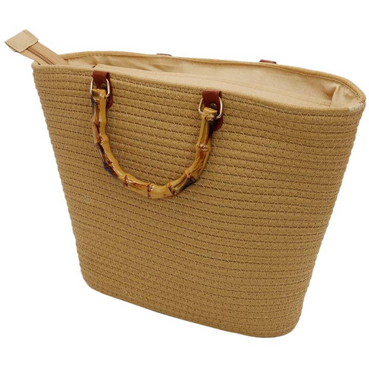 Cap Zone - Wholesale Beach Bag - Oversized Faux Bamboo Handle Braided Woven Beach Tote Bag5