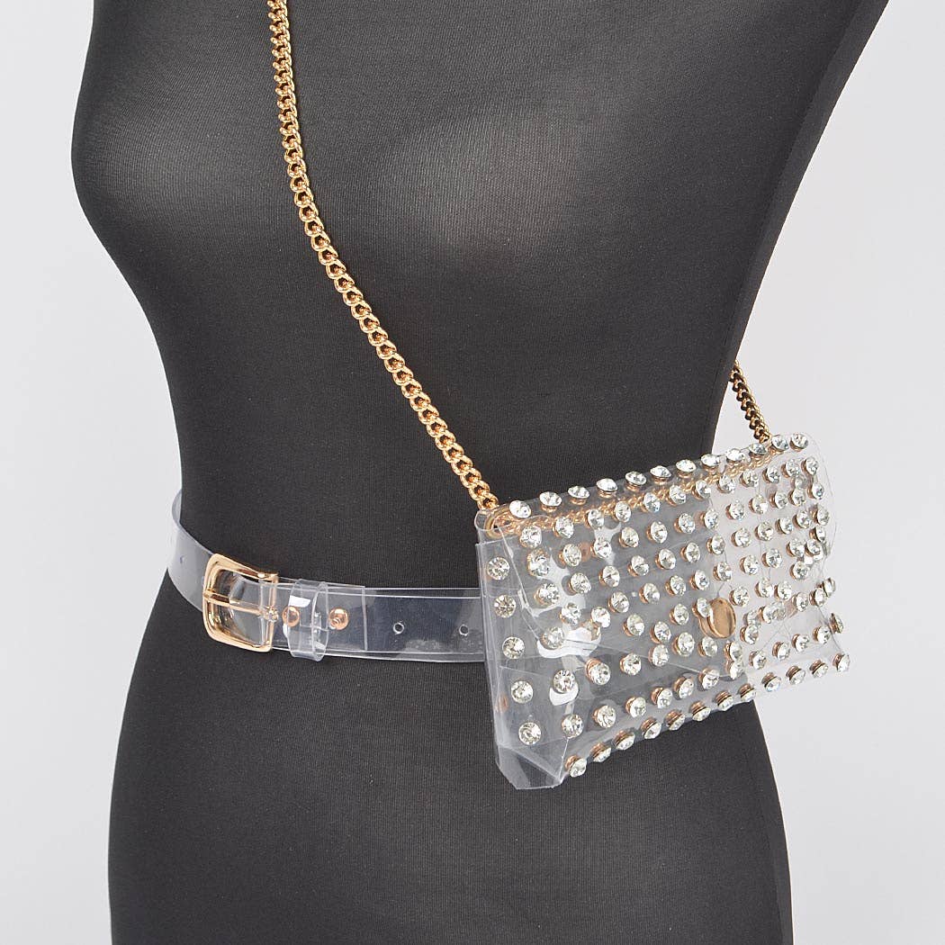 3AM BY H&D ACCESSORIES - Wholesale Belt Bag - Women's - Rhinestone Clear Belt Bag W/Chain PB86331