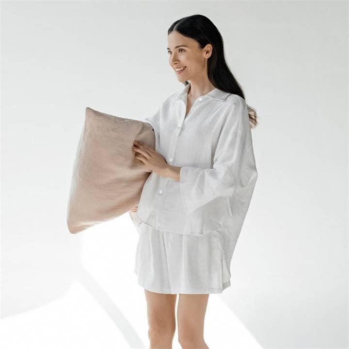 FurDecoration – wholesale Sleepwear set – Women's – Women's Cotton Linen Seven-Quarter Sleeve Pajama Set with Shorts5