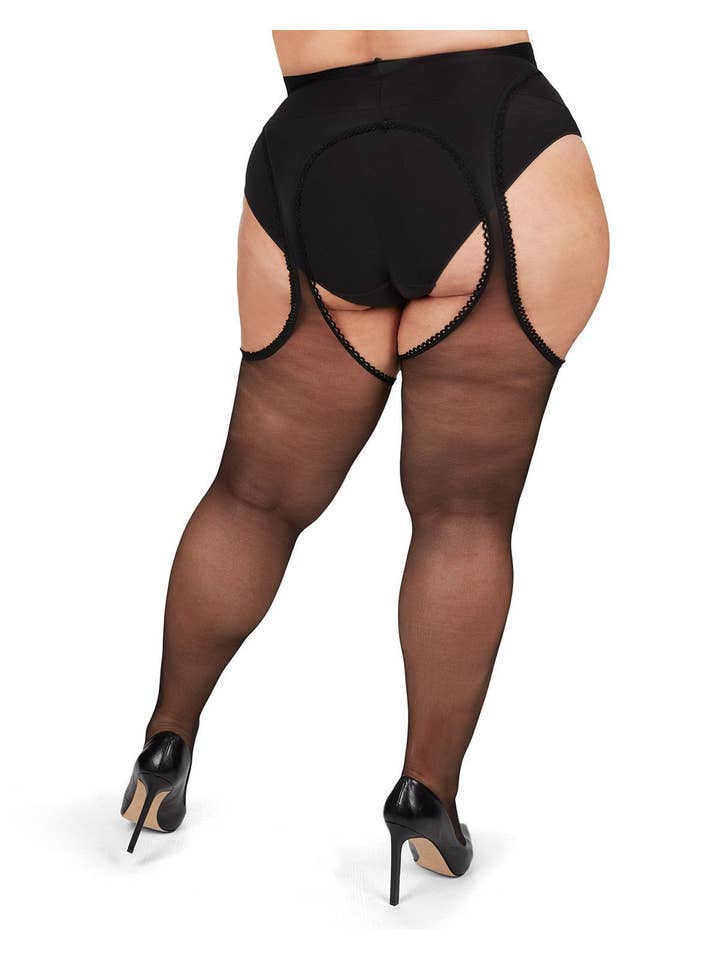 Svart MeMoi plus size strumpbyxor med hängslen och spetskant för kurviga för wholesale på Faire2