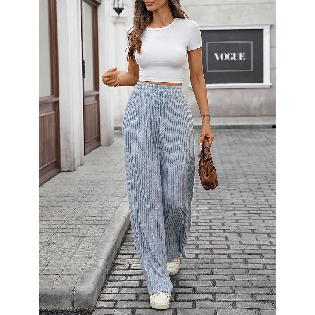 UNISHE - Wholesale Pants - Women's - Solid Drawstring Ribbed Brushed Elastic Waist Pants HLL2836