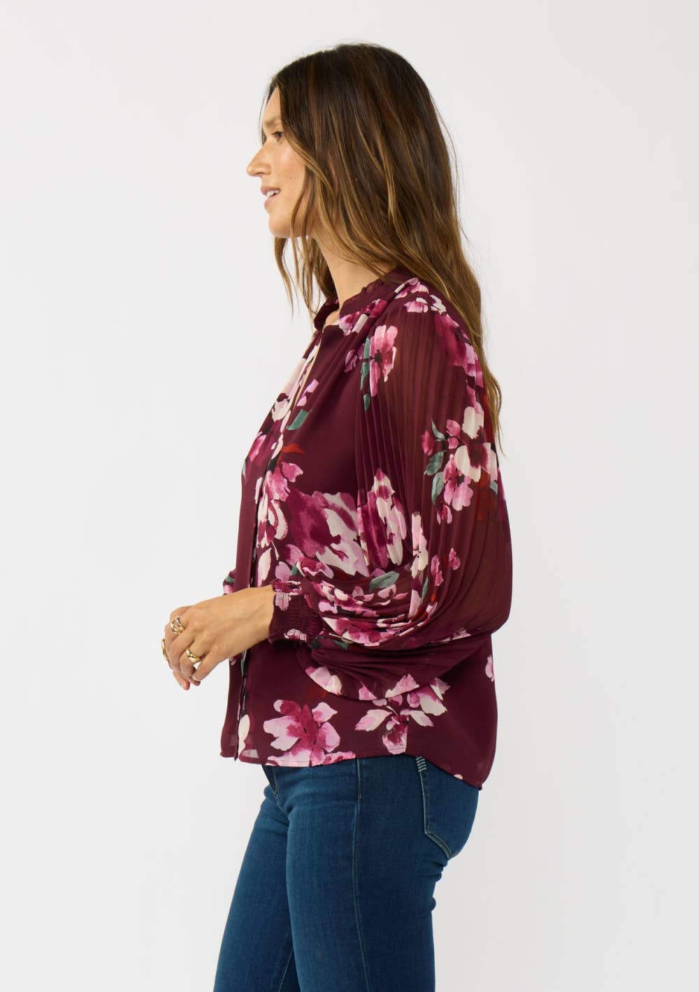 VIN/ROSE POUSSIÉREUX Blouse à boutons florale à manches plissées en vente sur Faire1
