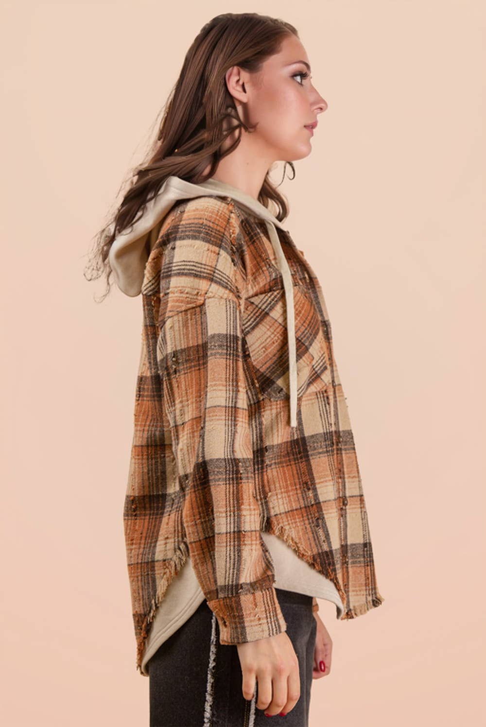 VERY J - Wholesale Jacket - Women's - NT12253-Oversized Flannel Hooded Button Down Jacket2