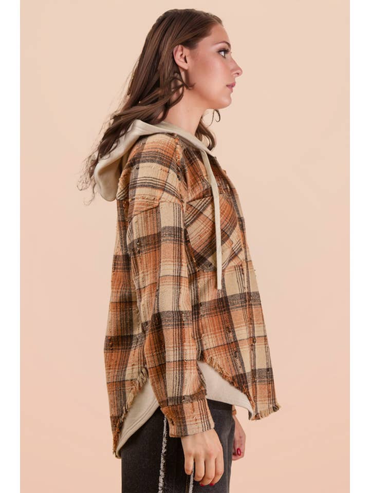 VERY J - Wholesale Jacket - Women's - NT12253-Oversized Flannel Hooded Button Down Jacket2