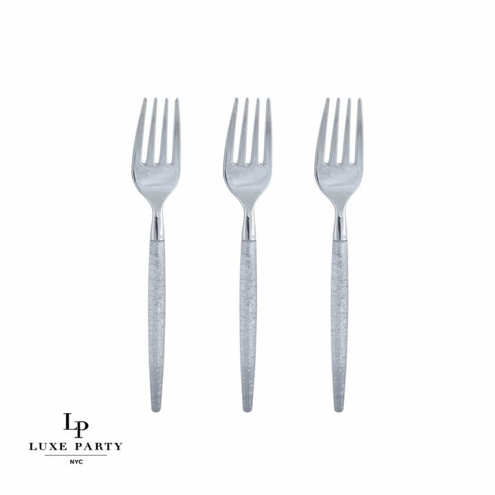 Silver Glitter Plastic Mini Forks | 20 Forks for wholesale by Luxe Party