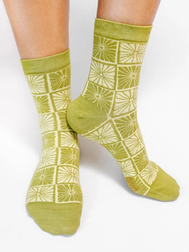 The SoulShine Co. - Wholesale Socks - Women's - Chartreuse Flower Checkers — Knit Ankle Sock3