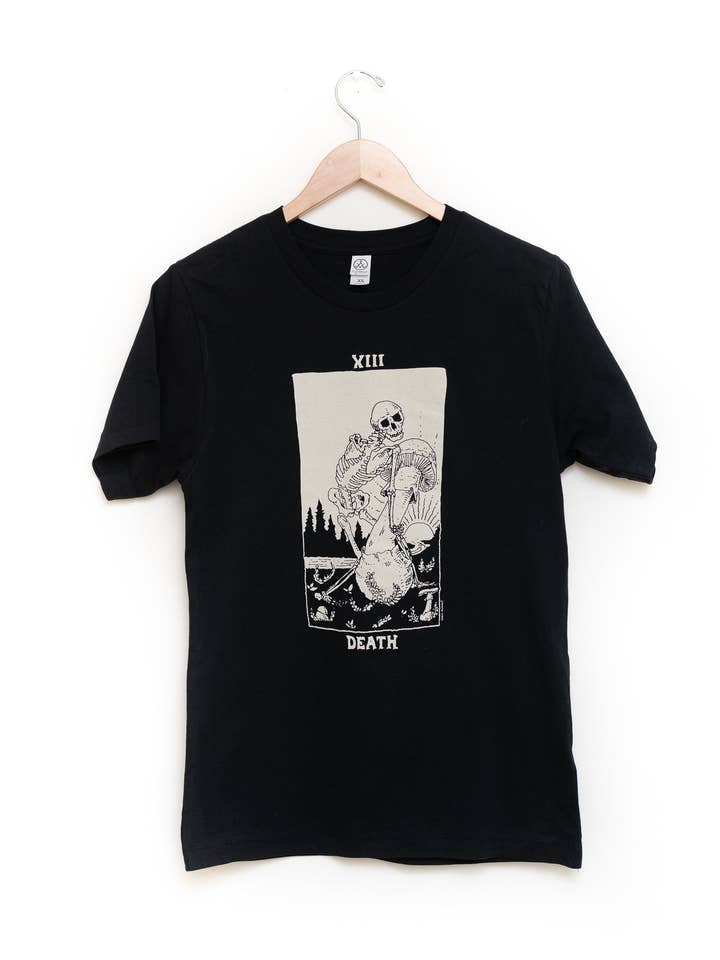Mushroom Tarot Death Card Shirt, Black Organic Cotton for wholesale by Sporelust!