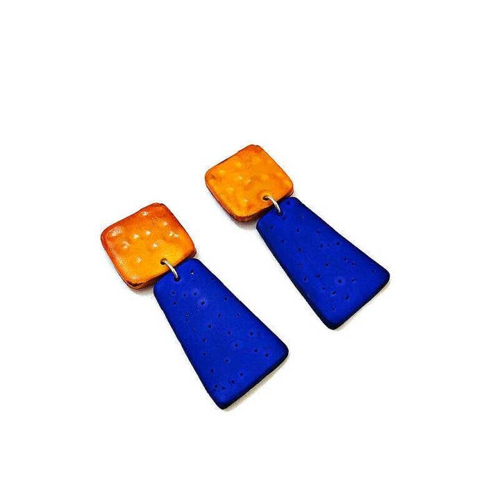 Bold Yellow & Dark Blue Hand-Painted Polymer Clay Earrings "Mary" for wholesale by Sassy Sacha Jewelry