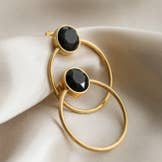 COSMOS - Wholesale Dangle Earrings - Gold hoop earrings with black stone in stainless steel