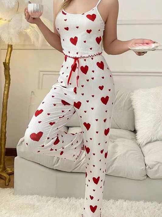 Valentines Red Heart Print cami pajama Lounge Set for wholesale by HIDDENBRAND