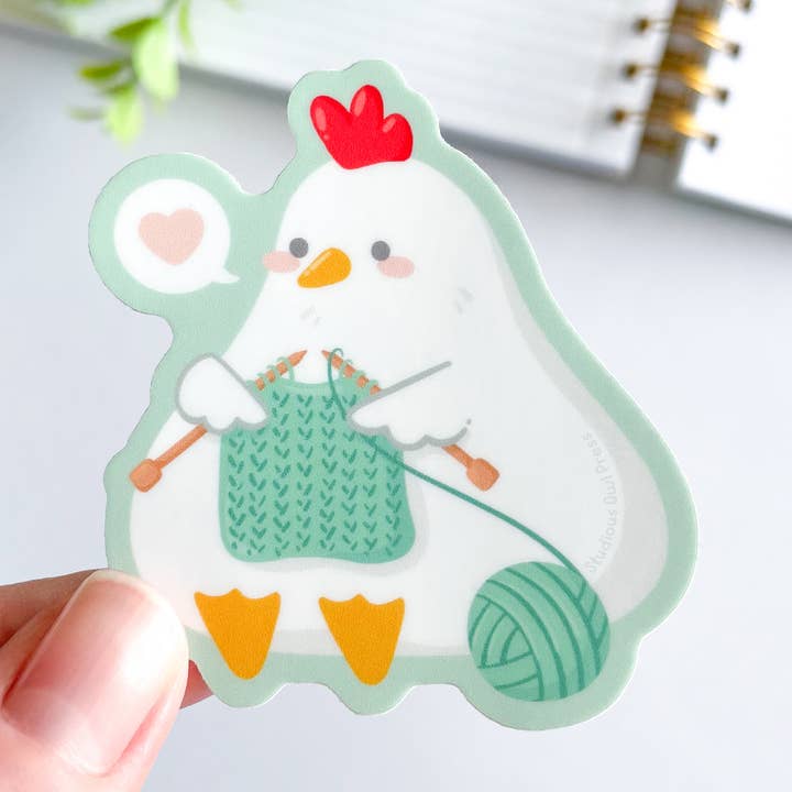 Cute Knitting Chicken Waterproof Matte Vinyl Sticker for wholesale by Studious Owl Press