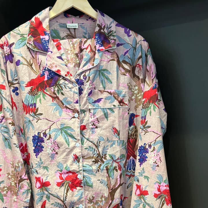 Muno - Wholesale Sleepwear Set - Women's - Light Pink Flowers and Birds Indian Cotton Pyjama Set 7