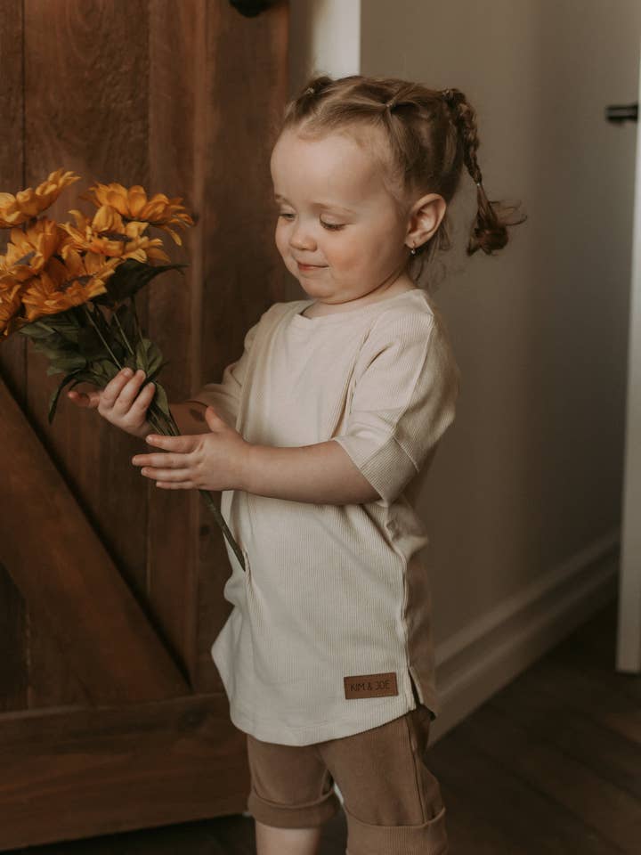 Cream ribbed bamboo grow-with-me T-shirt for wholesale by Kim & Joe