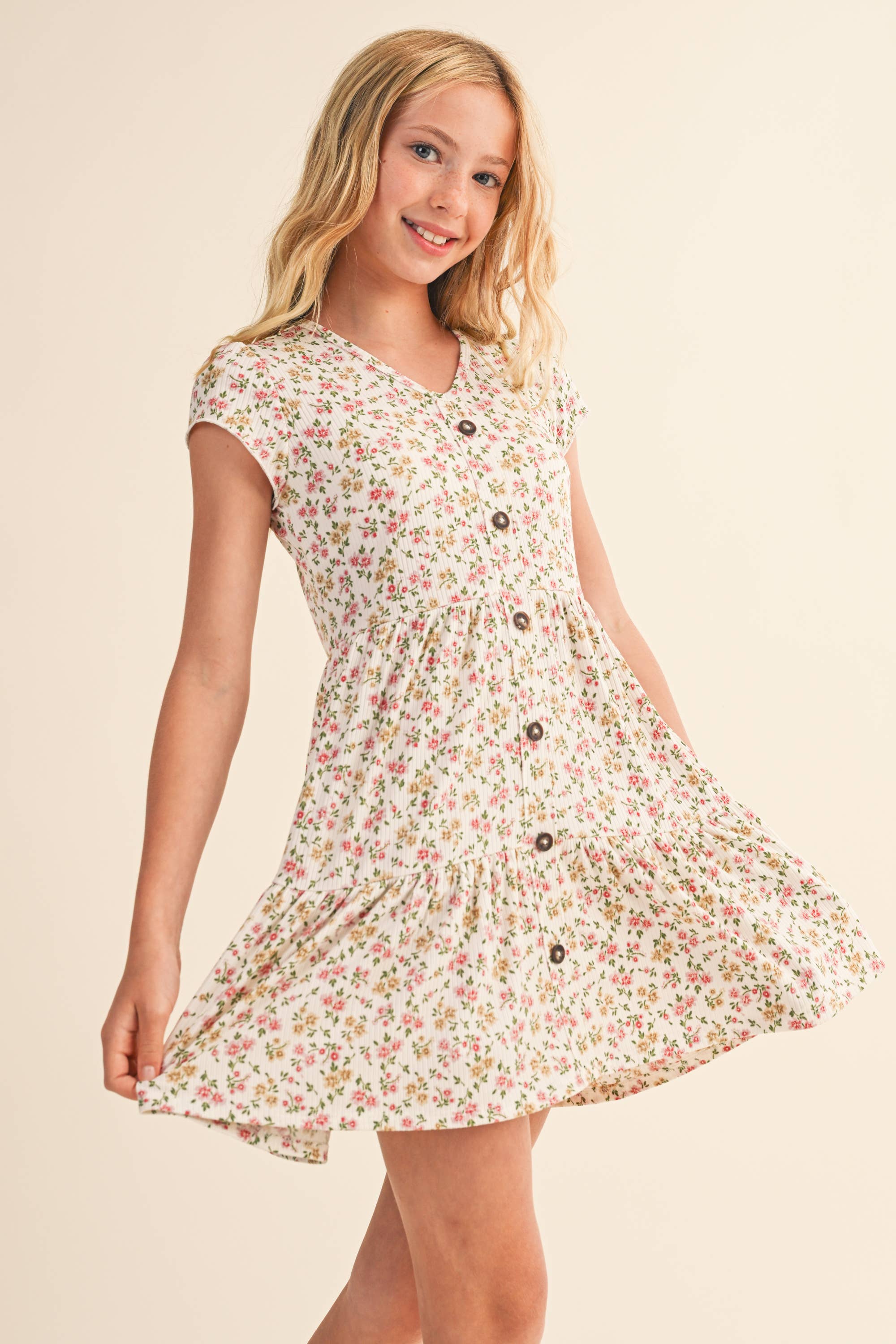 heart and arrow - Wholesale Dress - Kids - TWEEN KIDS GIRLS FAUX BUTTON DOWN TIERED DRESS (7-12)2