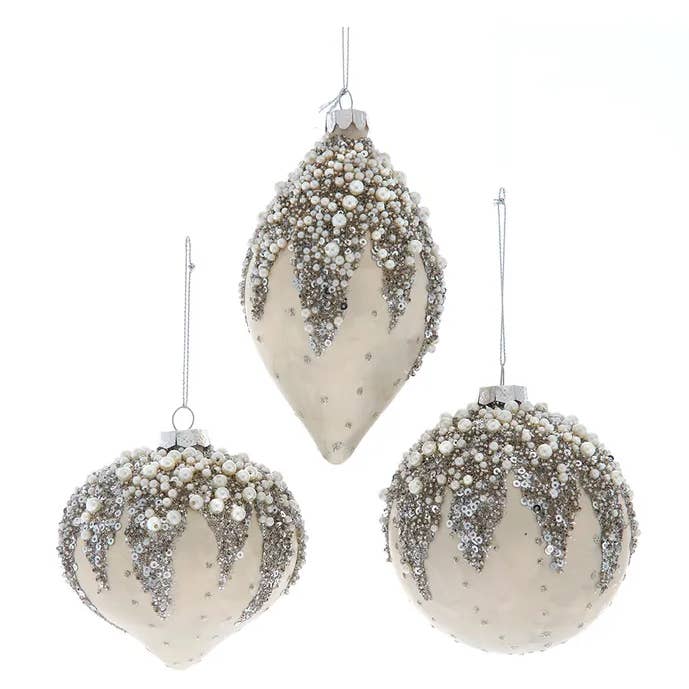 Kurt S. Adler, Inc. - Wholesale Ornament - 4" Glass Ivory Leaf Ball/Drop/Onion 3 Assorted0