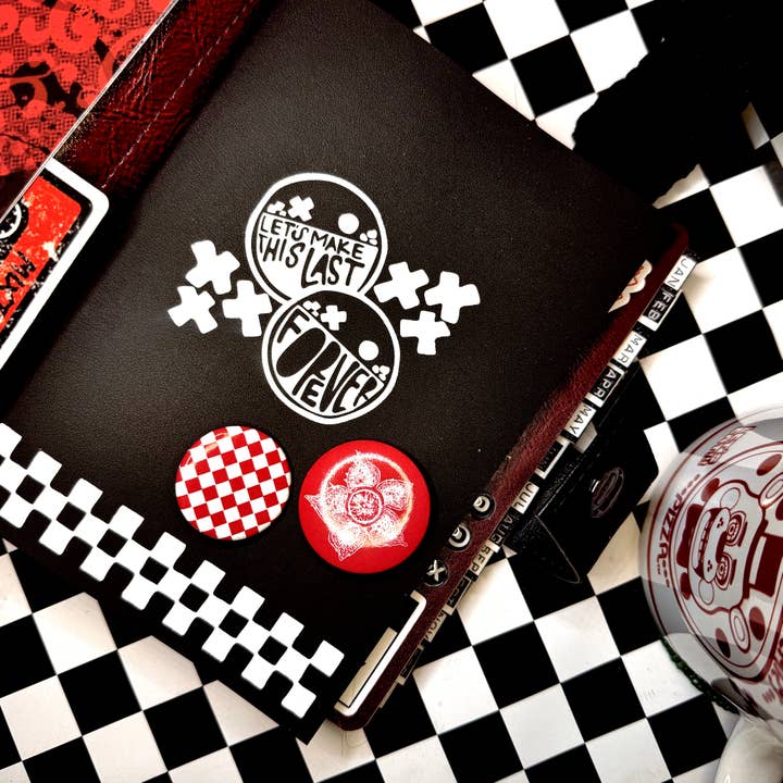 demogorg buttons x 1.5" demogorgon bandana and 1.25" red cheko for wholesale by Theoretikal Design Company