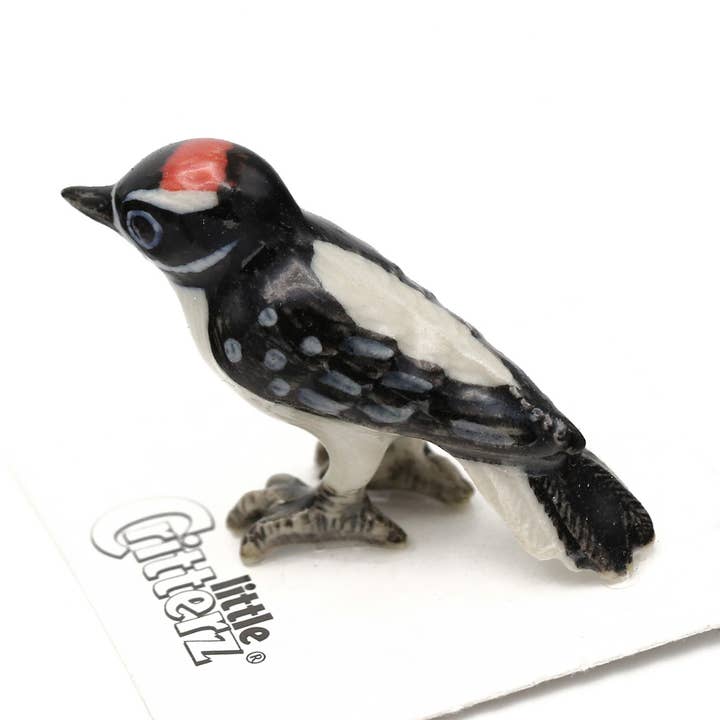 Drummer Downy Woodpecker Porcelain Miniature for wholesale by Little Critterz