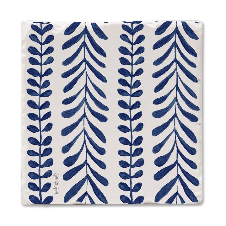 "Indigo Seaweed" Single Absorbent Tumbled Tile Coaster for wholesale by CounterArt/Highland Home/Thirstystone/CoasterStone
