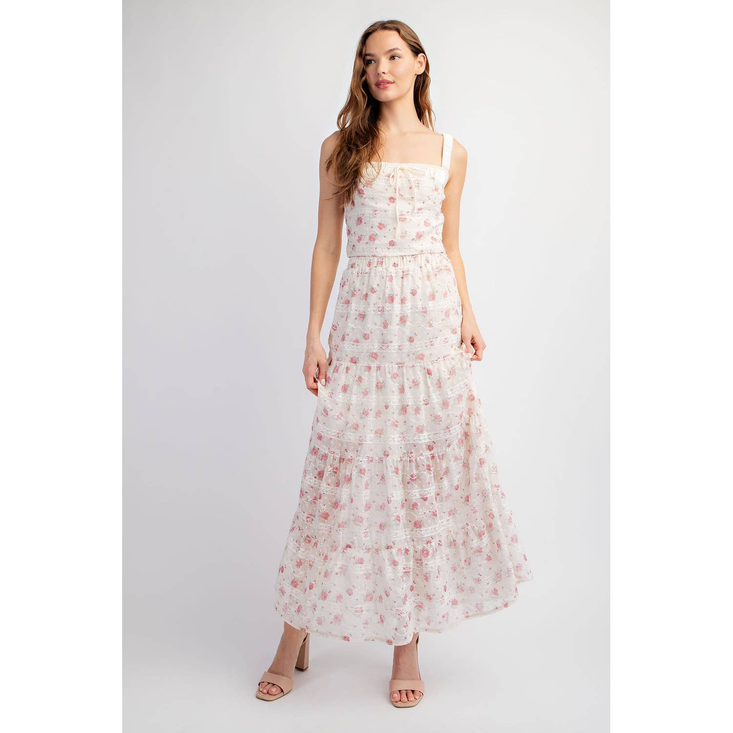 CREAM Cs4395 Embroidery Floral Printed Tiered Skirt for wholesale on Faire1