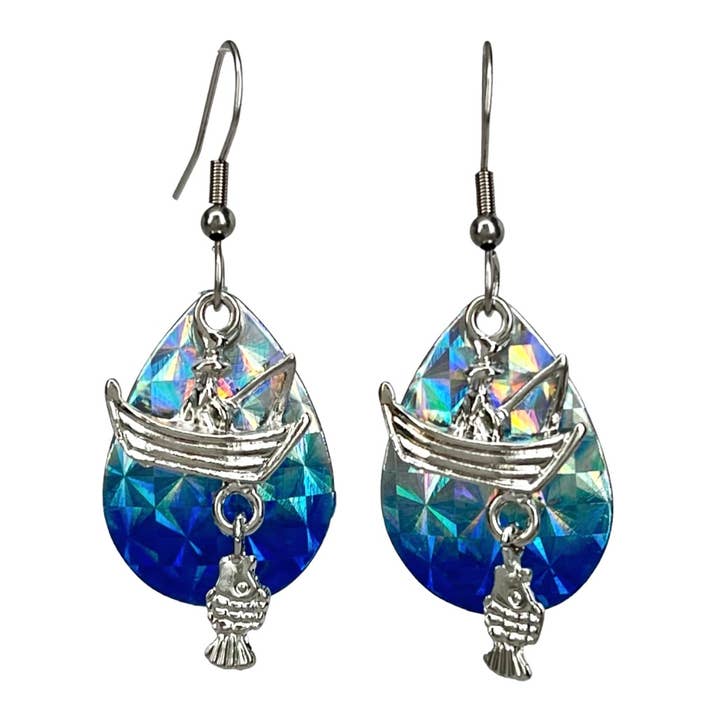 Eye Catching Jewelry - Wholesale Dangle Earrings - Blue Iridescent Fisherman Earrings Fishing Lure Jewelry USA