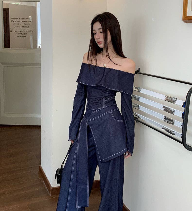 Marayn – wholesale Top & pants set (NOT Loungewear) – Women's – Retro Cowgirl Chic OffShoulder Top  WideLeg Set1