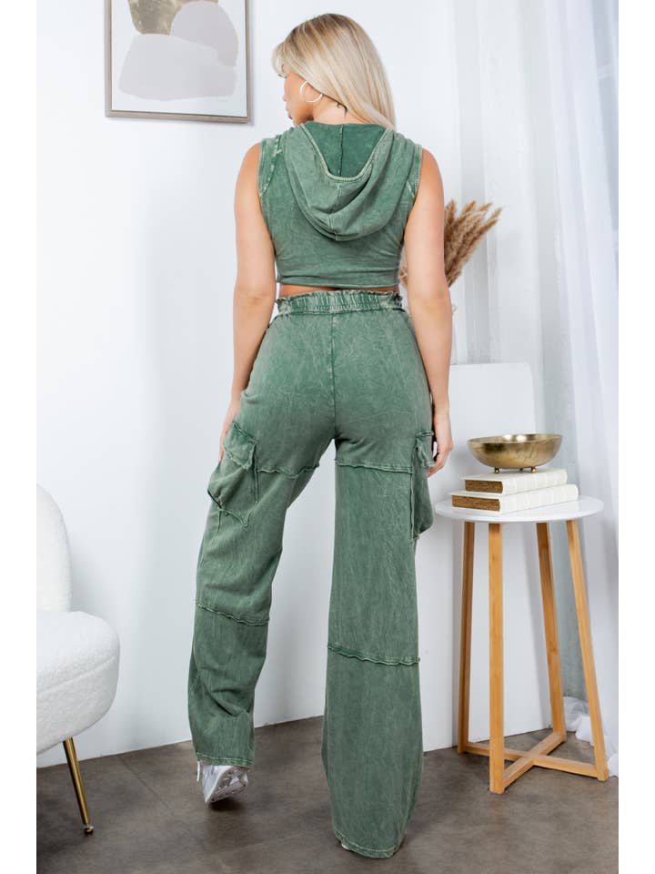 Jour - Vente Ensemble de vêtements d'intérieur – femme - Haut court à capuche délavé aux minéraux et pantalon à poche cargo GD56095