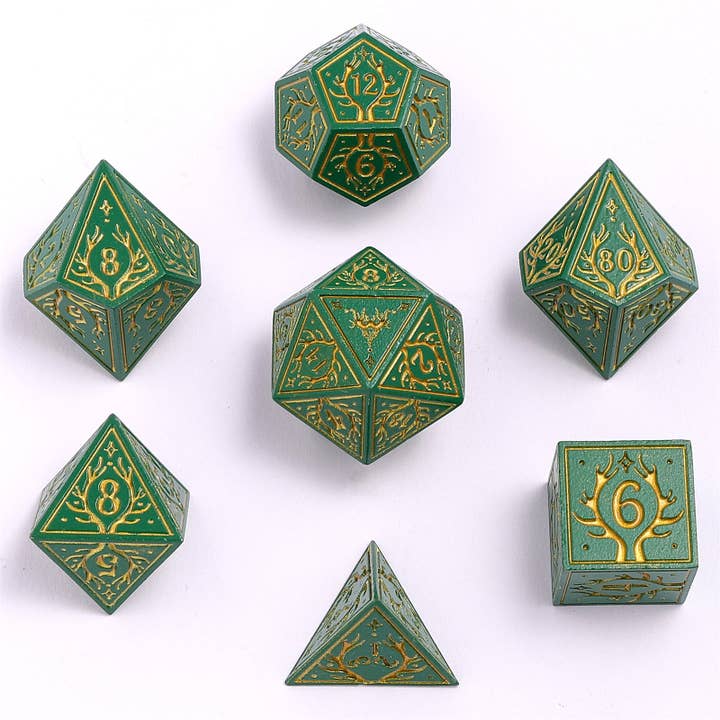 Ensemble de dés RPG druide en métal massif - Vert avec or pour la vente par Hymgho Premium Dice
