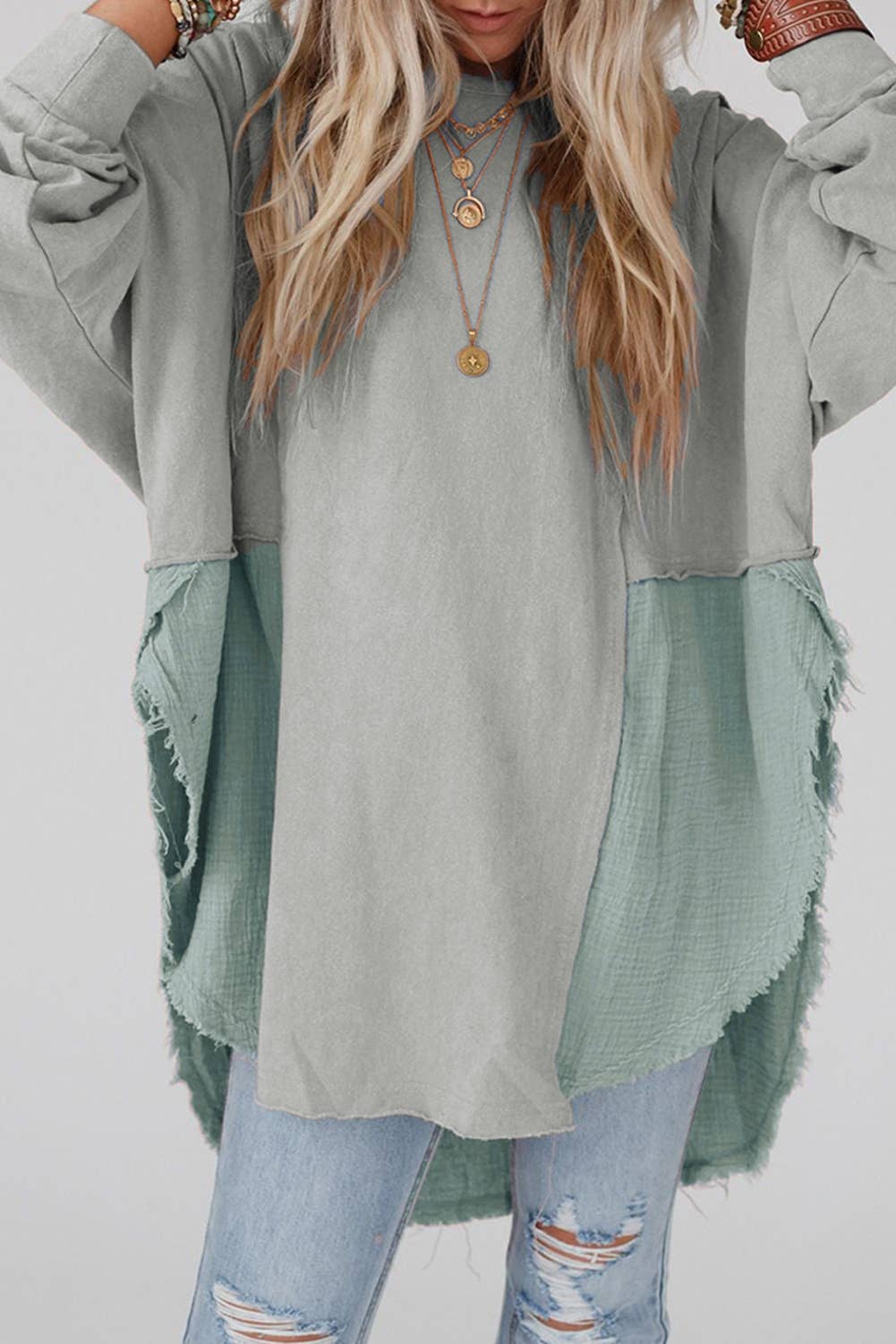 Lovesoft - Wholesale Tunic - Women's - Crinkle Splicing Raw Hem High Low Oversized Blouse7
