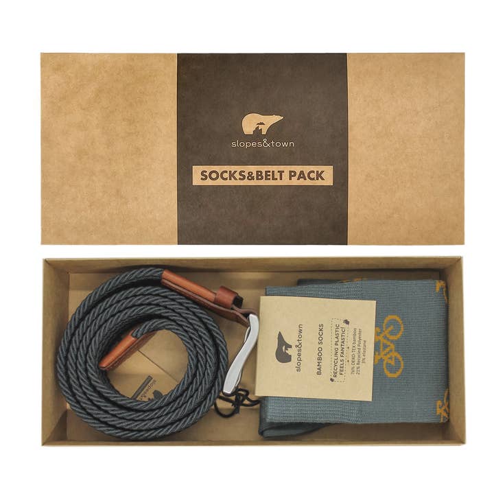 Slopes&Town – Großhandel Gürtel – Unisex – Geschenkbox Gürtel Philip und graue Fahrradsocken