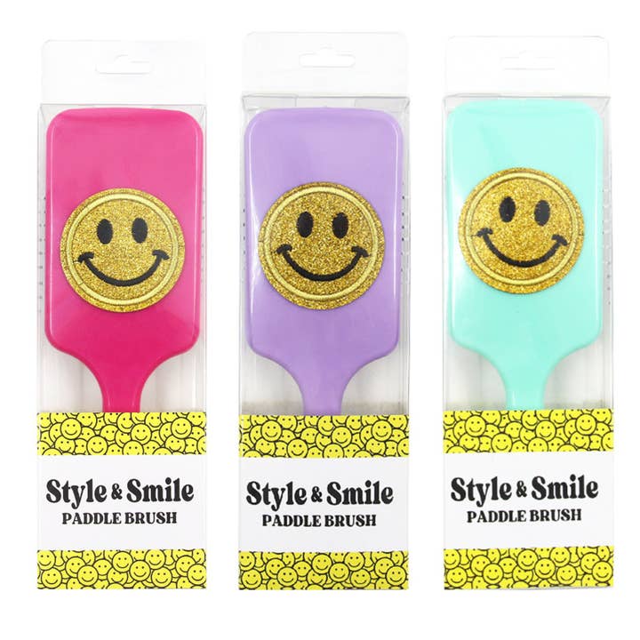 Mavi Bandz - Wholesale Hair Brush/Comb - Varsity Glitter Smiley Face Large Bright Paddle Hair Brush