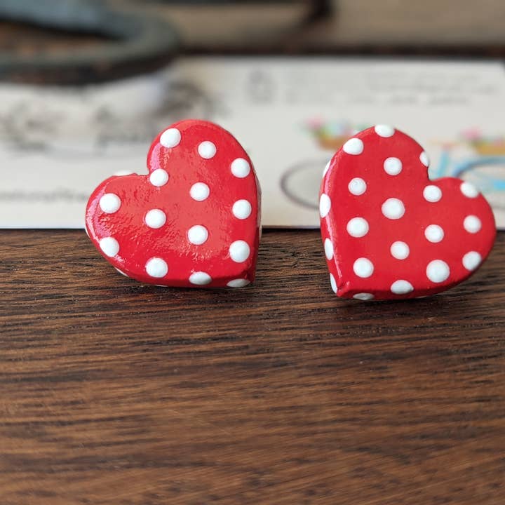With Clay & Paint – wholesale Stud/post earrings – Red polka dot heart studs
