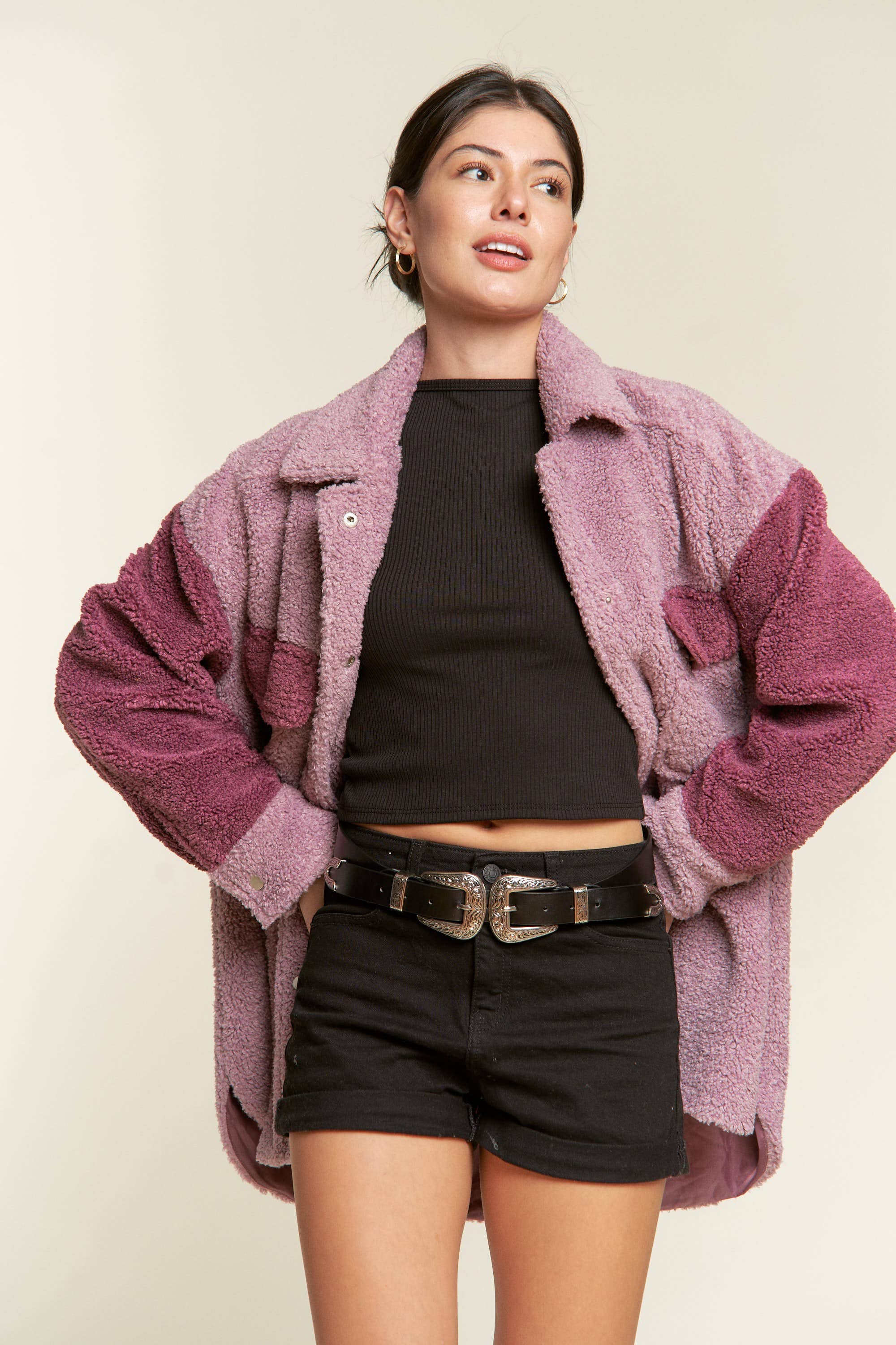 JADE BY JANE PLUS – Casaco camiseiro – Mulher por atacado – Casaco Sherpa Colorblock (Tamanho grande)9