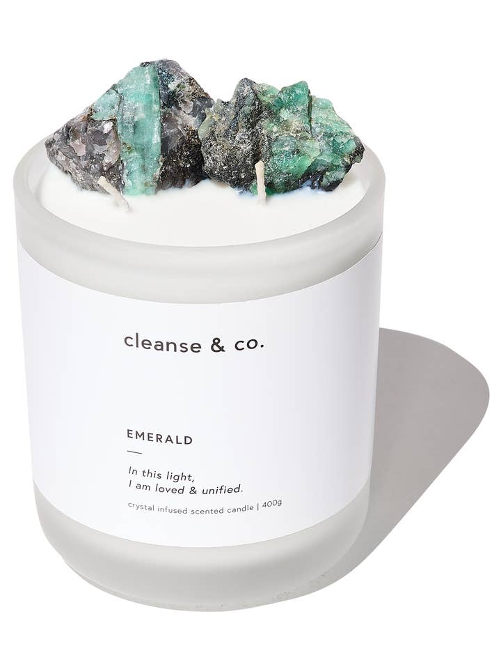 Emerald Intention Crystal Candle - elsket og forenet for engroshandel hos Cleanse & Co.