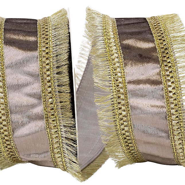 Plush Velvet Jeweled Fringe Wired Edge, Champagne, 2-1/2 In for wholesale by RELIANT RIBBON