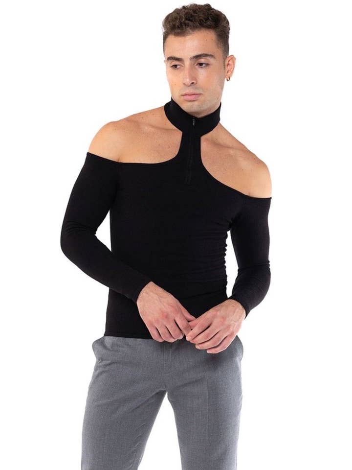 Black Long Sleeve Choker Neck Sweater with Zipper for wholesale on Faire