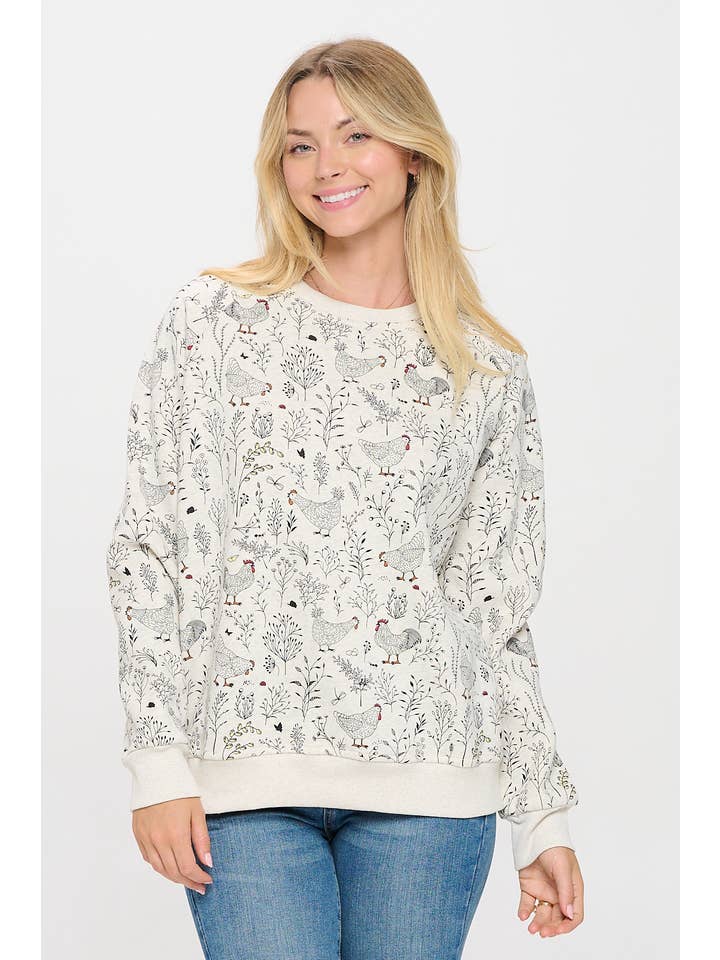 SM WARDROBE - Wholesale Sweatshirt - Women's - ROOSTER FLORAL PRINT SWEATSHIRT
