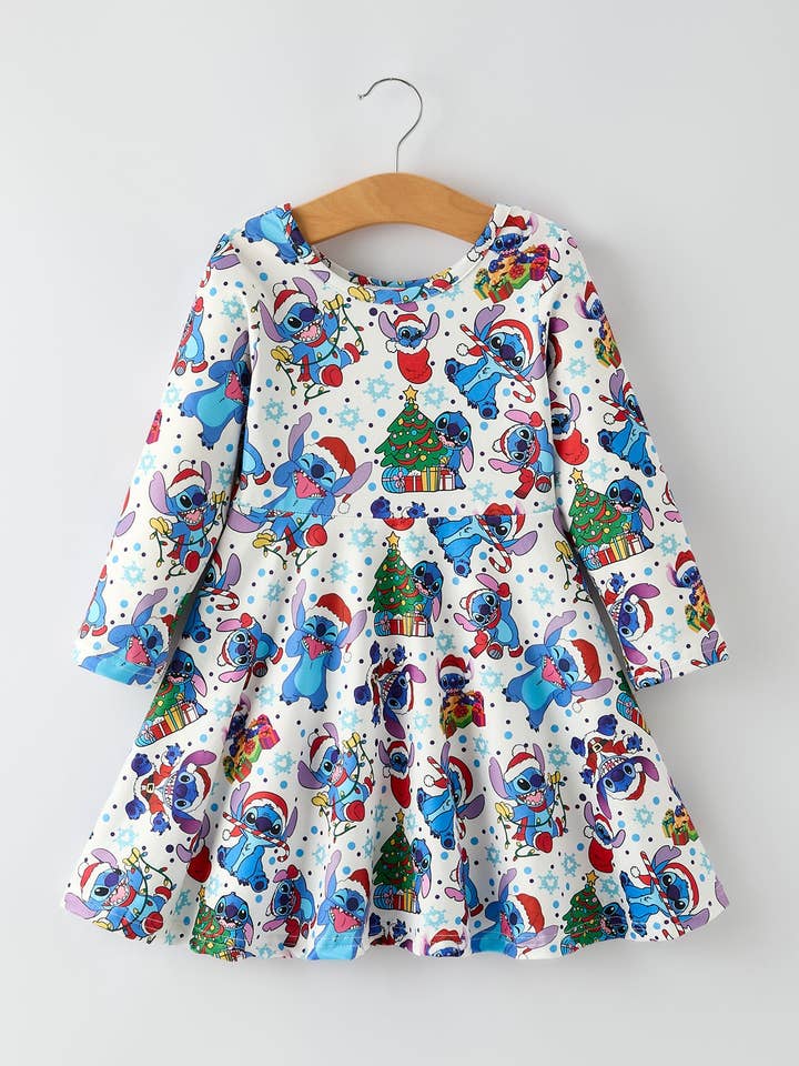 Cute Christmas Tree Character Print Girls Dress for wholesale by Rylee Faith Designs