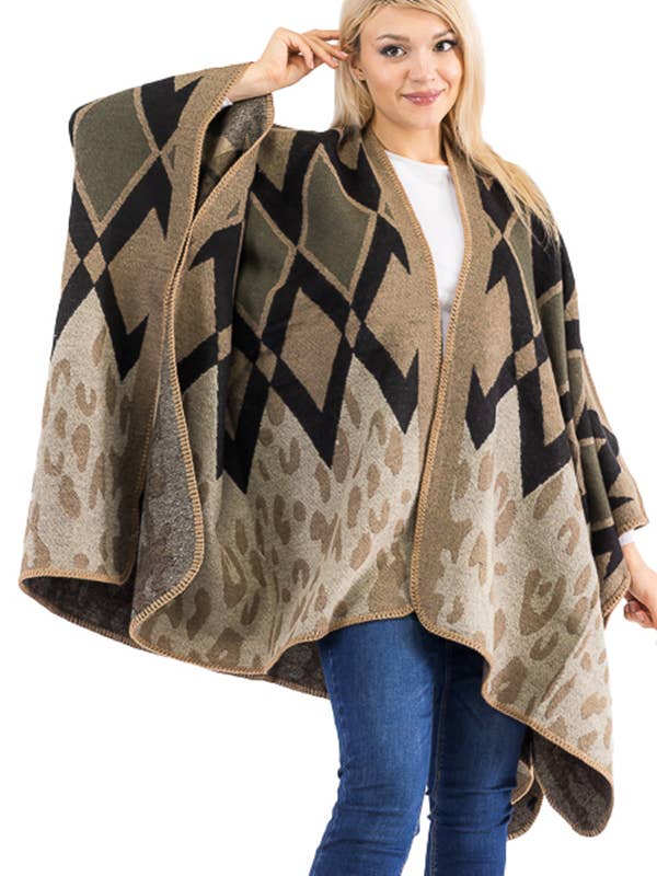 Leopard Geometric Patterned Slouchy Western Cape Poncho for wholesale by Cap Zone