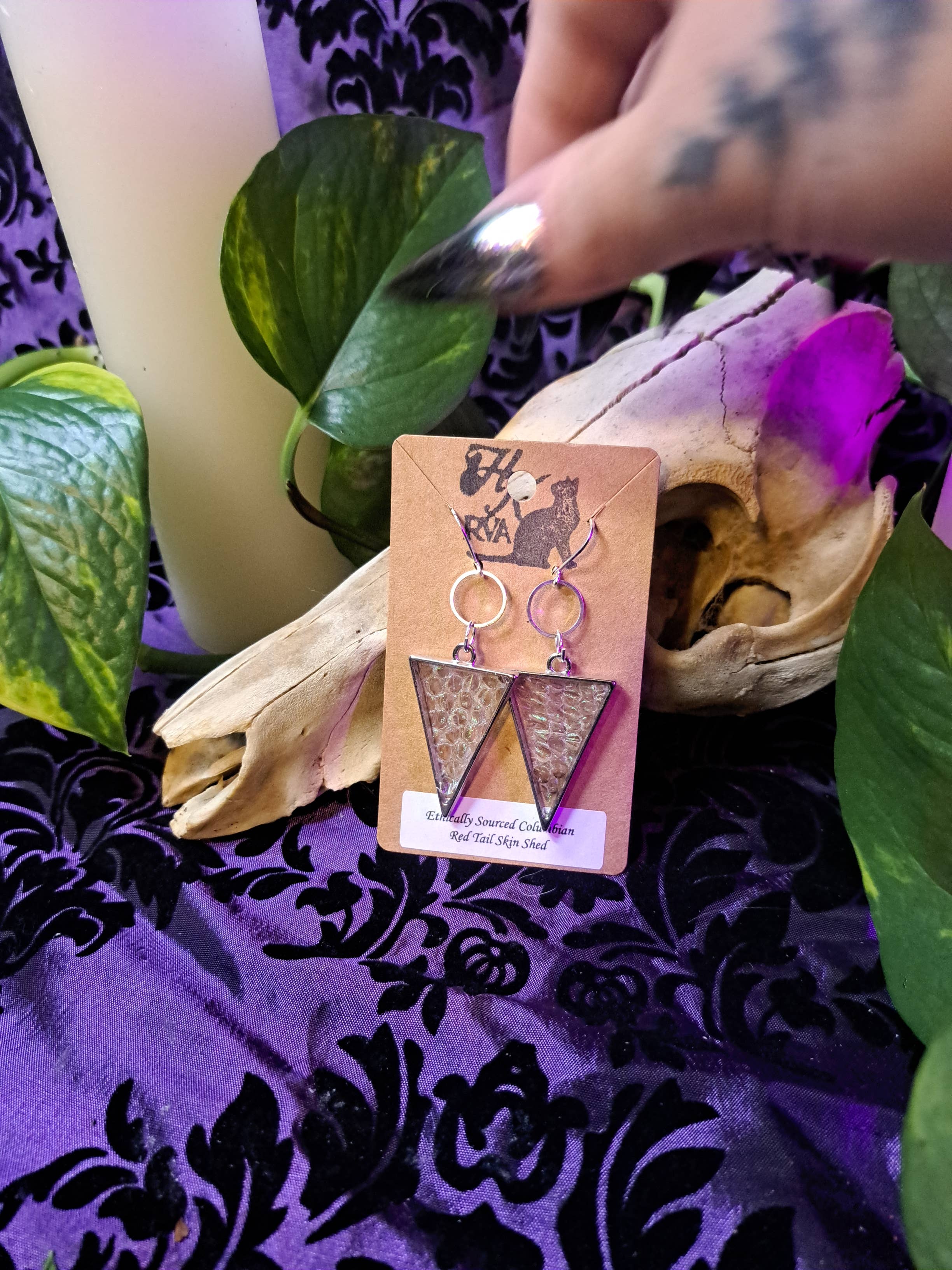 Hell Kitten RVA - Wholesale Dangle Earrings - Snakeskin Shed Silver Tone Triangle (Earrings)2