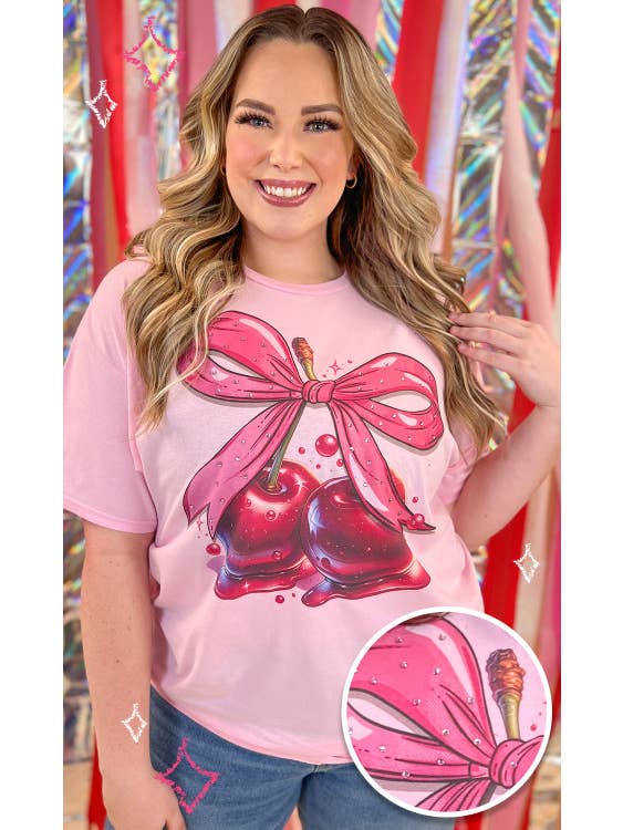 Sugar Stitch - Wholesale T-Shirt (Graphic) - Women's - Sweet Pink Bow Cherry Rhinestone Graphic T-Shirt