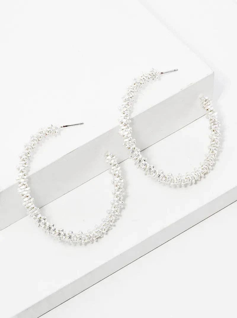 Matte silver 40mm Metallic Beaded Open Hoop Earrings for wholesale on Faire0