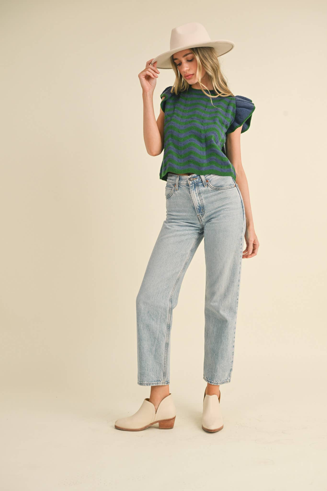 &MERCI - Wholesale Knit Sweater - Women's - WAVY STRIPES FLUTTER SLEEVE SWEATER TOP MSW1050981