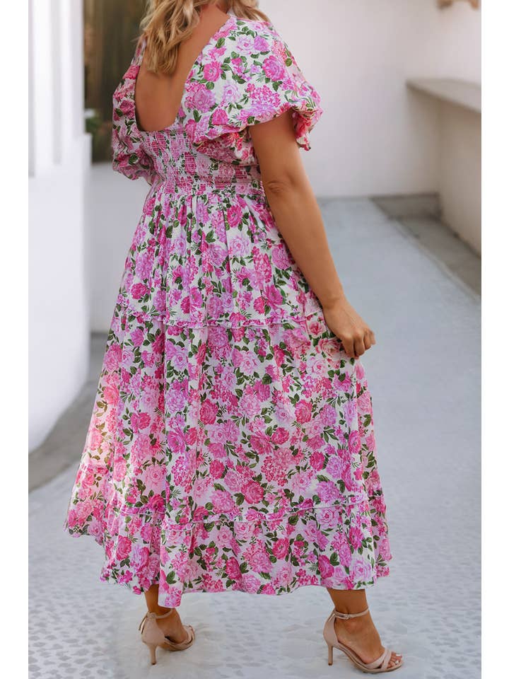Pink LDC Plus Size Floral Print Smocked Puff Sleeve Dress for wholesale on Faire