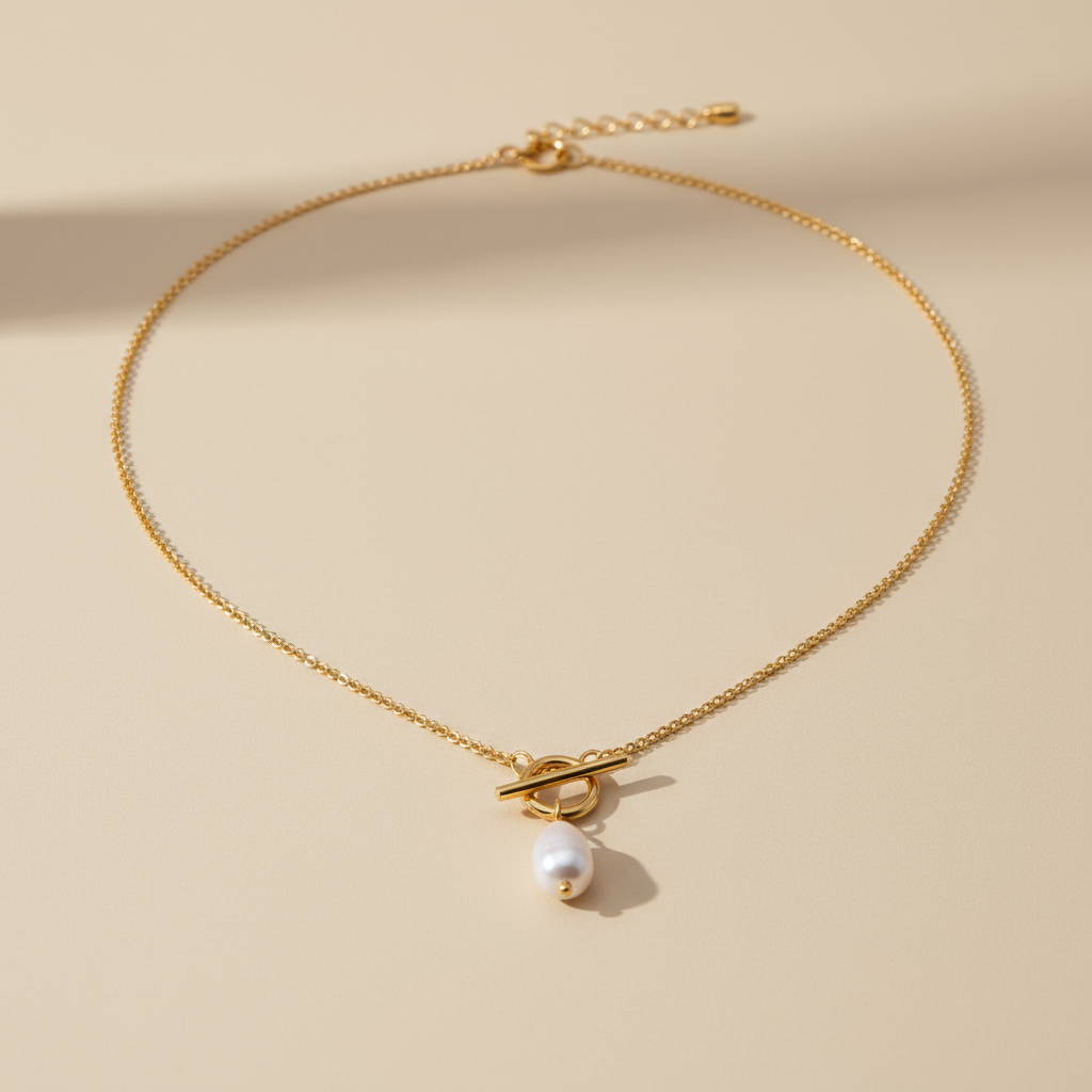 Gold Lunar – Engroshandel Halskæde med vedhæng – T-bar & perledråbe halskæde 18k guldbelagt moderne smykke2