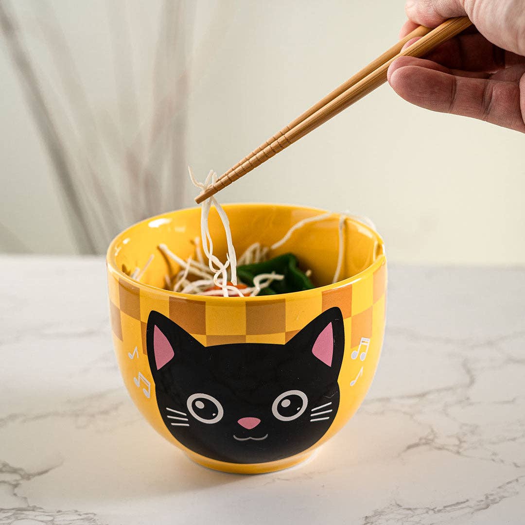 Urban Tokyo - Wholesale Bowl - 18oz 5"D Donburi Bowl With Chopsticks Set Neko Friends Yellow (4/16)5