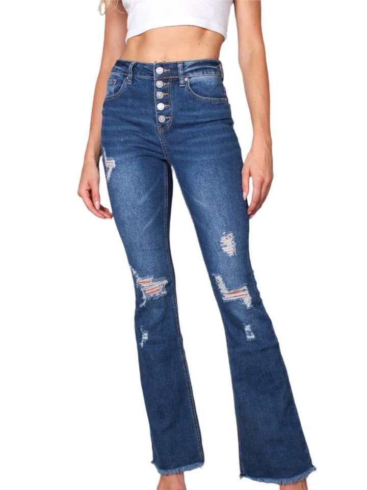 Good Stuff Apparel - Wholesale Jeans - Women's - Women's High Waist Five Buttons Tattered Flare Jeans