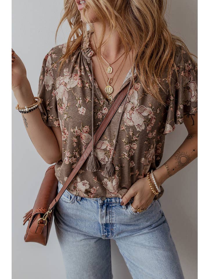 Khaki Retro Floral Print Tassel Tie Split Neck Short Sleeve Blouse for wholesale on Faire