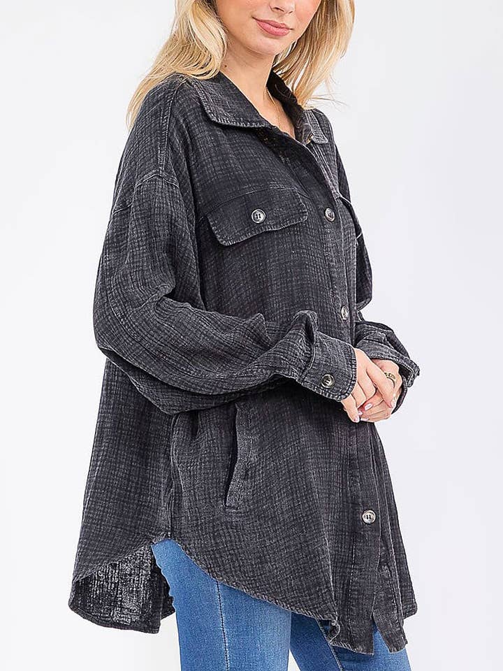 ROUSSEAU - Wholesale Button Down Shirt - Women's - BUTTON UP FRONT POCKETS WASHED OVERSIZED SHIRT4